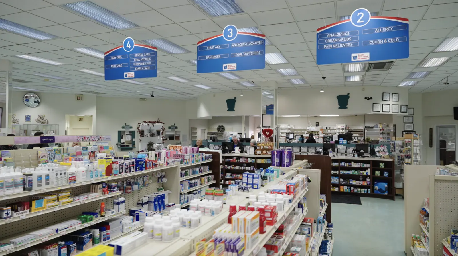 Stocked aisles inside Stultz Pharmacy